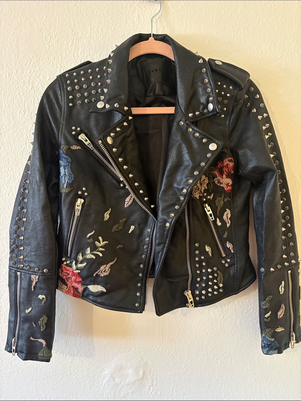 Blank NYC Black Studded Floral Leather Moto Jacket